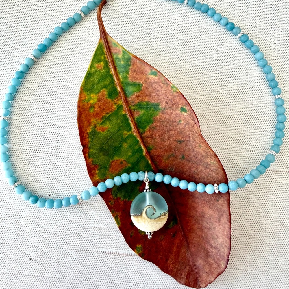 Wave Lampwork Pendant Necklace with Blue Beads 16”